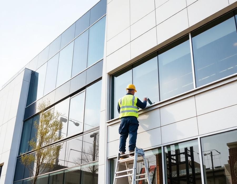 Maintenance worker servicing a commercial building facade